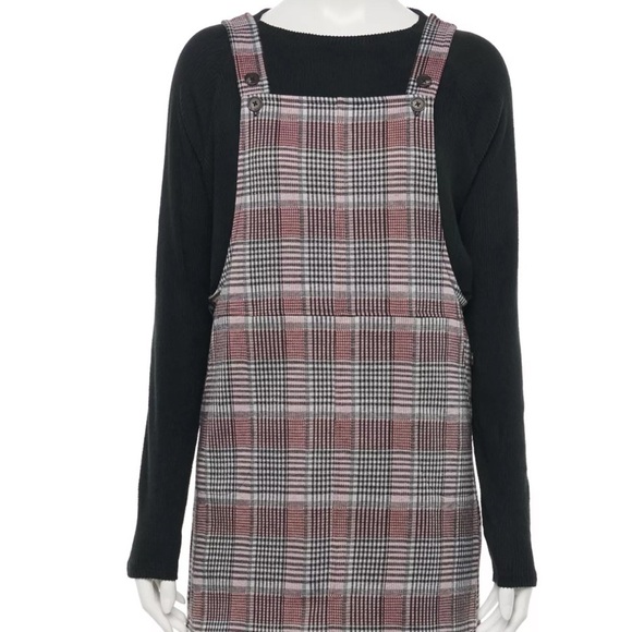 Juniors Button Strap Plaid Pinafore Dress Brown So brand size L - Picture 1 of 12